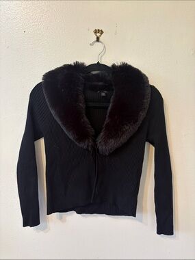 art class Black Ribbed Cardigan with Faux Fur Collar